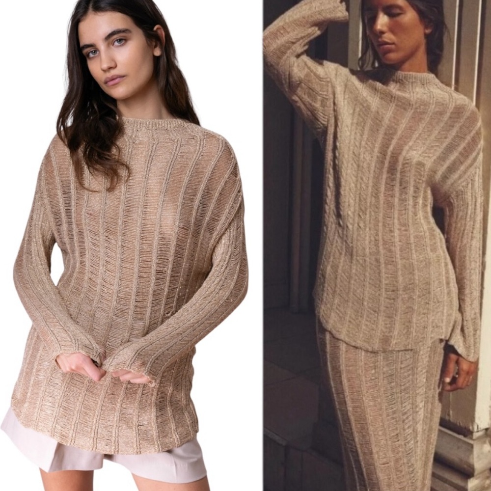NEW Zara Metallic Gold Thread Loose Knit Sheer Tunic Sweater - L